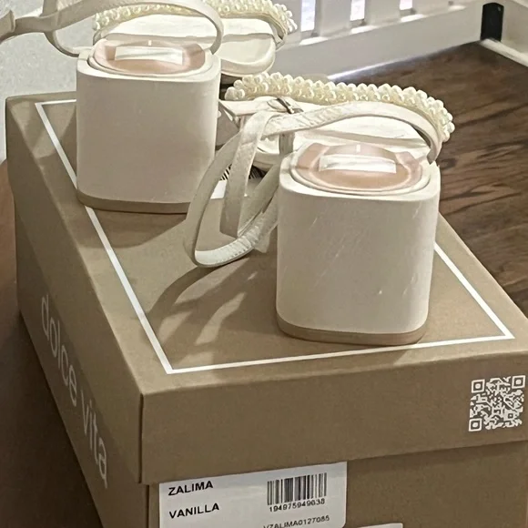 Dolce Vita Ivory Pearl-Trim Ankle Strap Block Heels - Picture 4 of 9